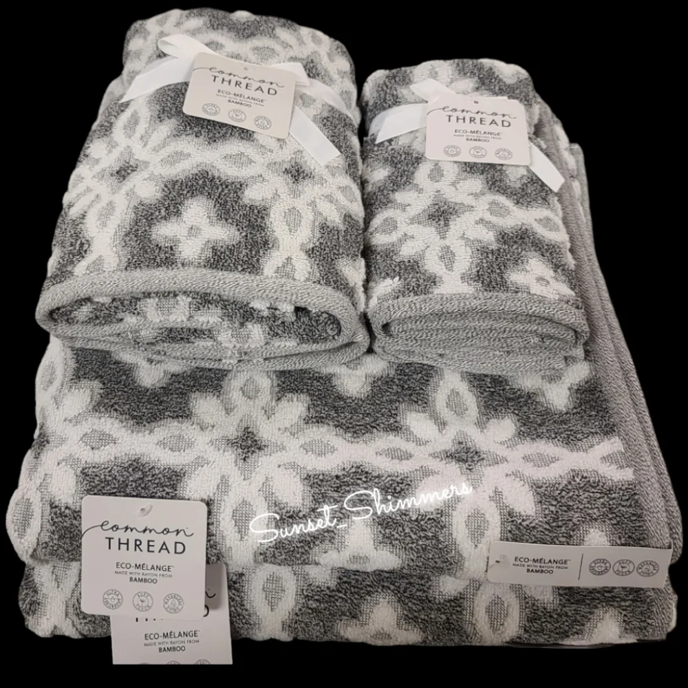 6pc Common Thread Plush Bath Hand Tip Towel Set Gray White Damask Zero Twist New